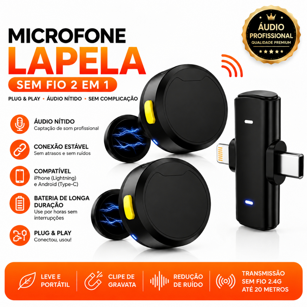 Microfone Lapela Sem Fio 2 Em 1 Para iPhone Android Lightning Tipo C Profissional Com Redução De Ruído AI