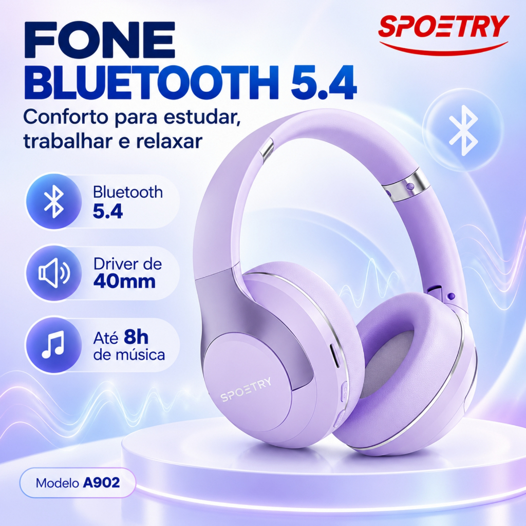 Fone De Ouvido Bluetooth 5.4 SPOETRY Com Cancelamento De Ruído Confortável Para Estudo Home Office E Trabalho
