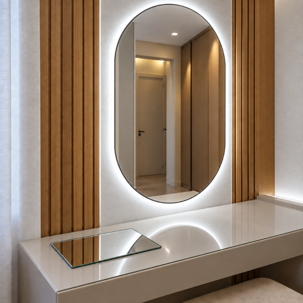 Espelho Oval com LED Quente ou Frio + Bandeja Decorativa