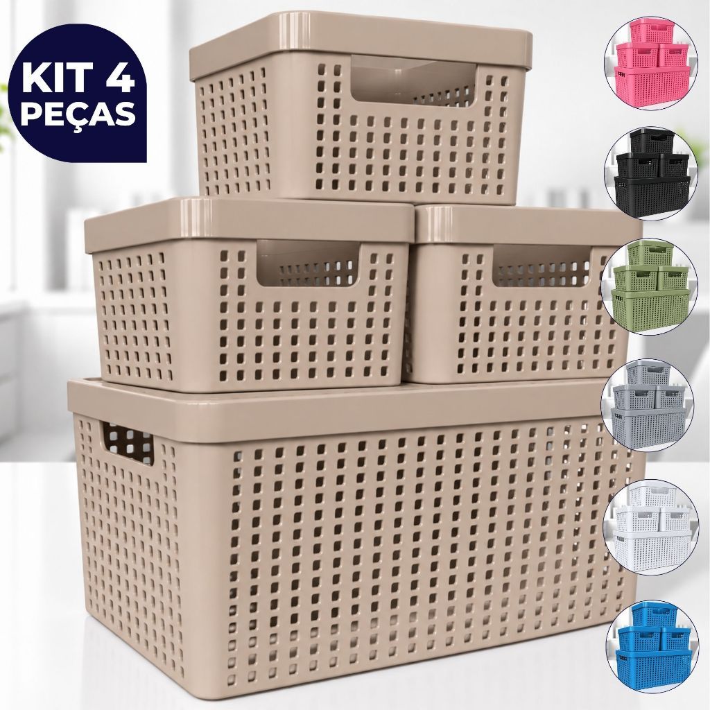 Kit 4 Caixa Organizadora com Tampa Empilhável Cesto Multiuso 4,5L 17L