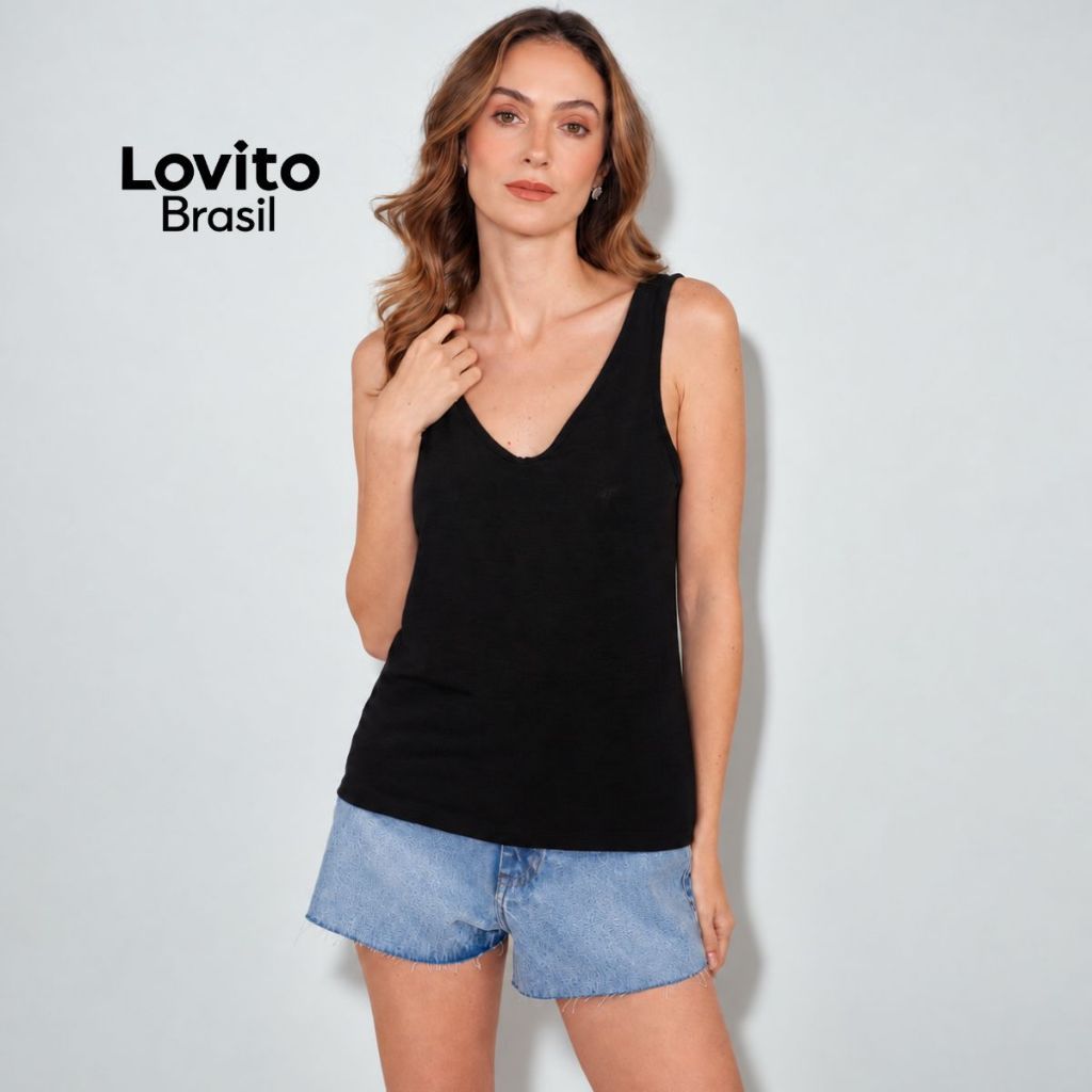 Lovito Regata Basica Casual Feminina Decote U e V Malha Flamê TKB22062236