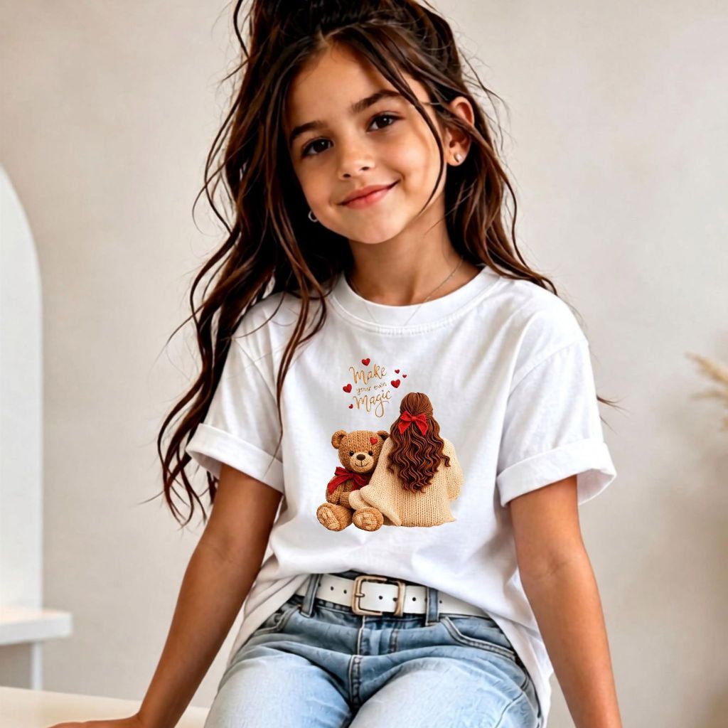 Camiseta Infantil Feminina Urso Blusa Estampada De Menina Fofa Delicada  Roupa De Sair Juvenil 04-16 Moda Verão Algodão