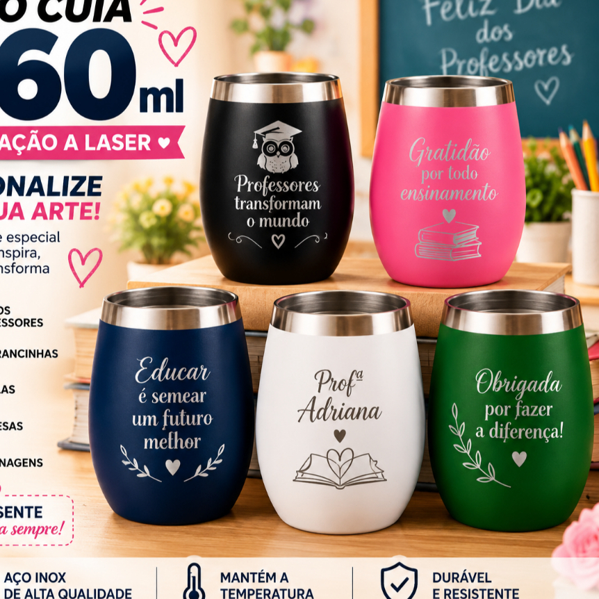 Kit 10 Copo Térmico 360ml Cuia Cores Personalizado Nome e Logo Aço Inox Brinde Festa Casamento Dia dos Professores