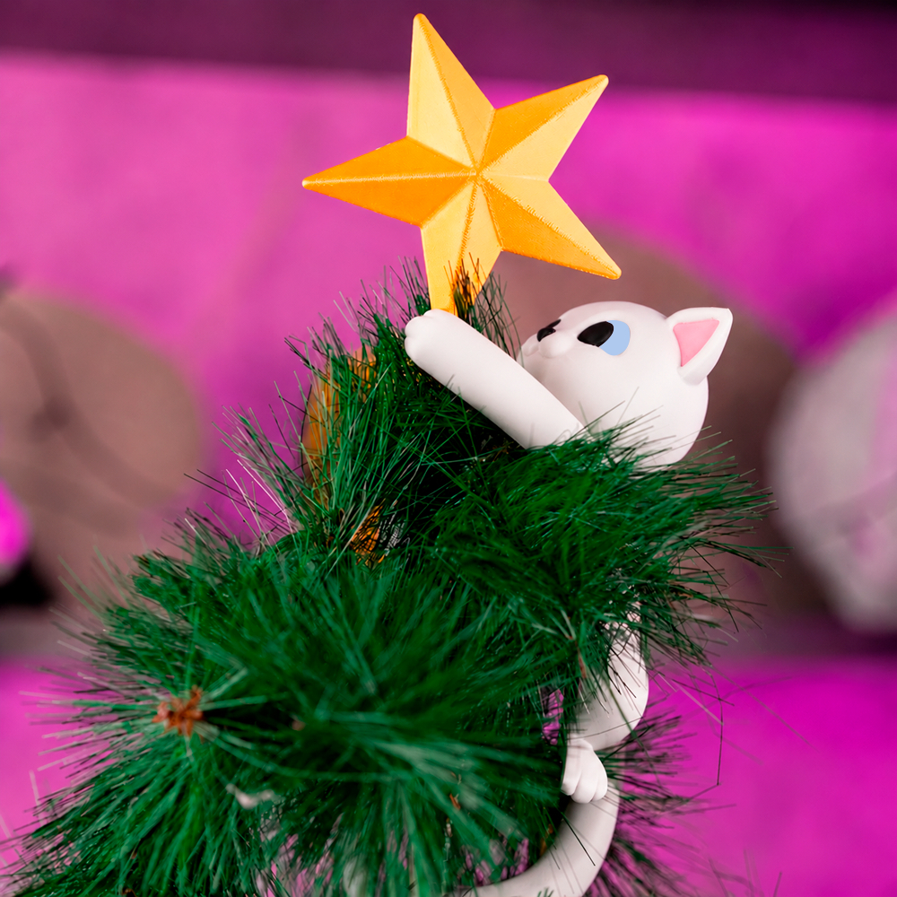 Gato Segurando Estrela Ponteira Árvore de Natal Enfeite Ornamento Natalino Decoração Enfeite Topper