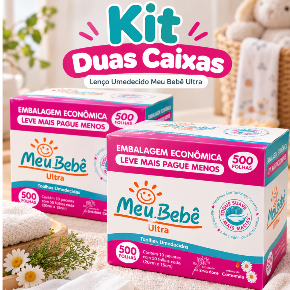 Toalhas Umedecidas Lenço Meu Bebê Ultra Kit com 2 Caixas 1000 Folhas Extrato de Erva Doce e Camomila