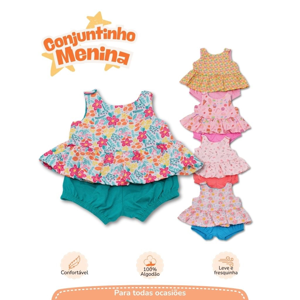Conjunto Bebê Menina Estampado Shorts E Blusa Roupa Infantil Feminina Verão Tamanho 3 A 6 Meses