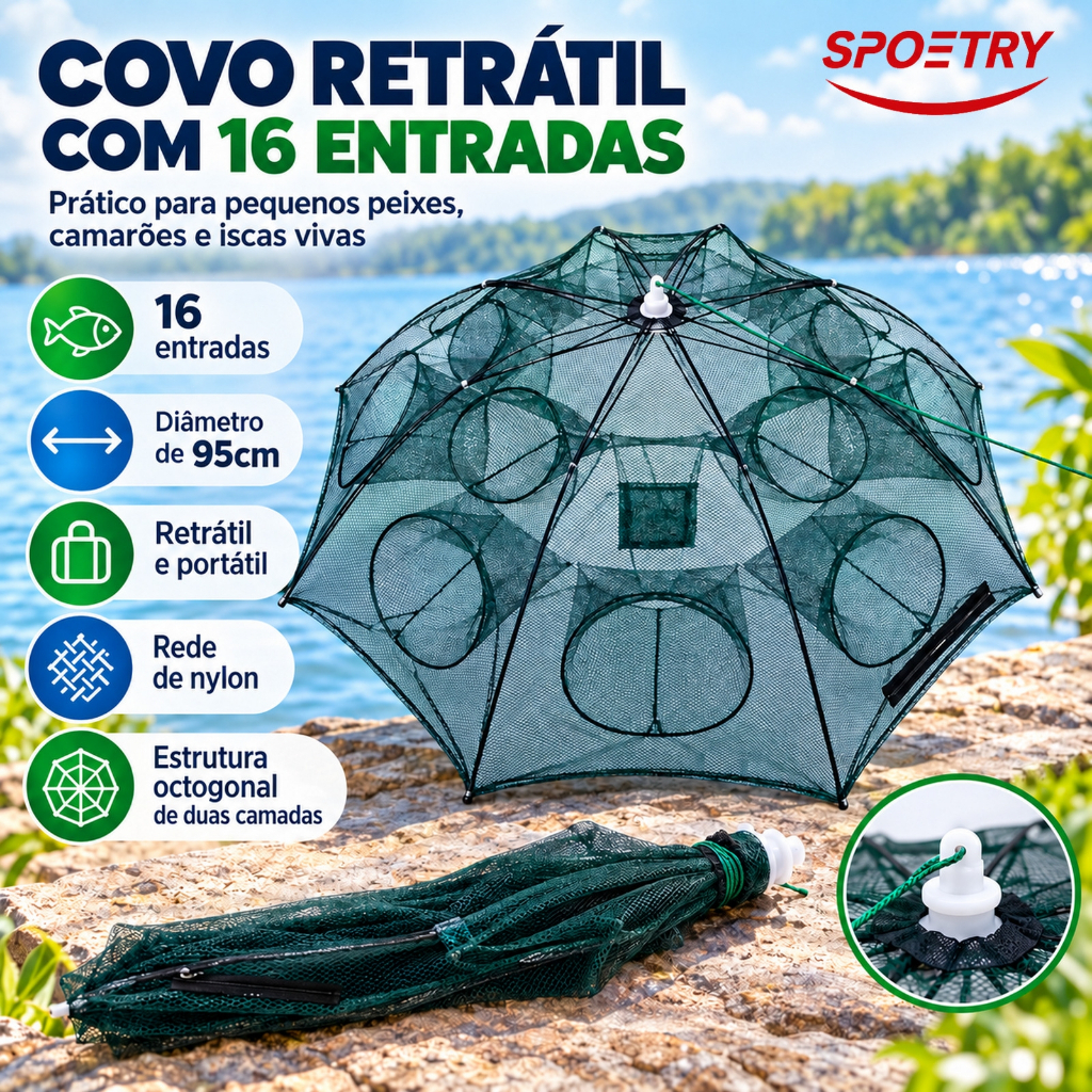 Covo Armadilha De Pesca Retrátil 16 Entradas – Lambari Camarão Isca Viva Guarda Chuva Nylon