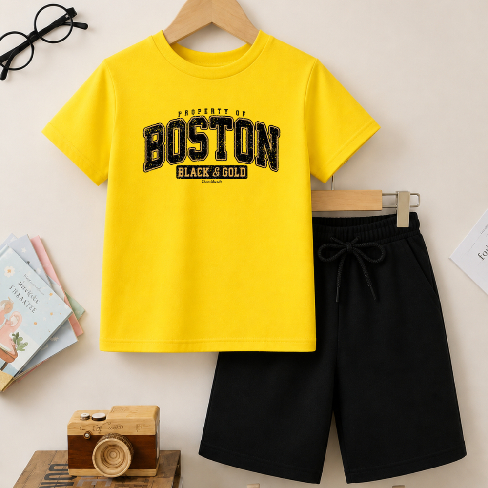 Conjunto Infantil Masculino Estampado Boston Black E Gold 1570 Passeio Conforto Camiseta E Short Bermuda Blusa Criança