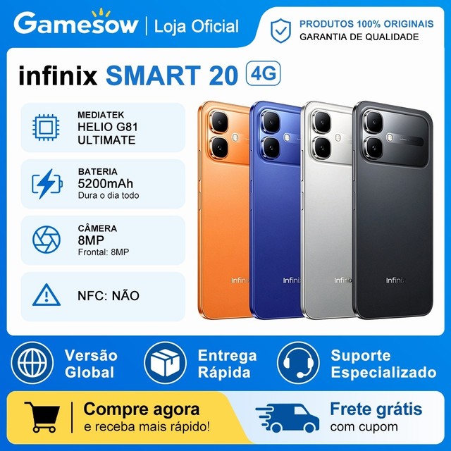 Infinix Smart 20 4G, Versão Global, Processador MediaTek Helio G81 Ultimate, 128GB + 4GB RAM, Bateria 5200mAh