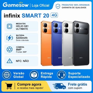 Infinix Smart 20 4G, Versão Global, Processador MediaTek Helio G81 Ultimate, 128GB + 4GB RAM, Bateria 5200mAh