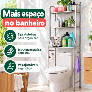 Estante Organizadora Banheiro Sobre Vaso em Aço Inox 3 Prateleiras com Papeleira e Ganchos, Ideal para Ganhar Espaço