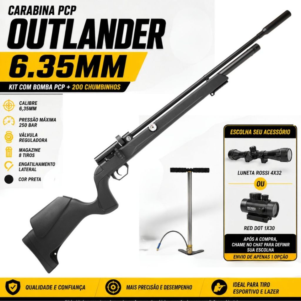 CARABINA DE PRESSÃO PCP ROSSI OUTLANDER BLACK 6,35MM AT 90J + RED DOT + BOMBA + 200 CHUMB