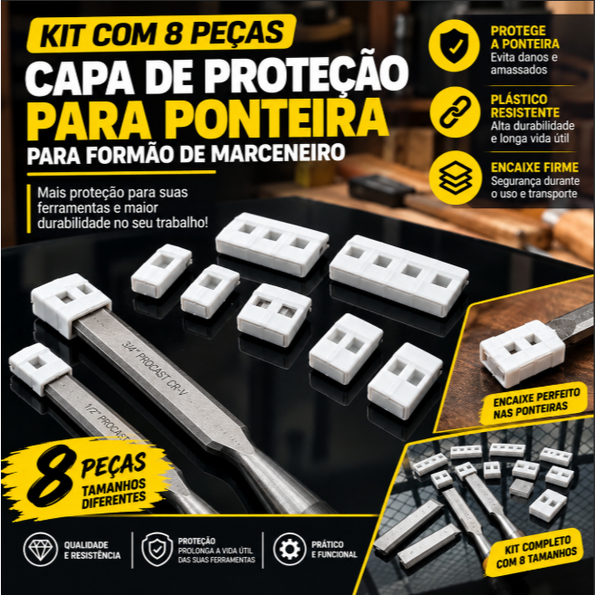 Kit 8 Capas de Proteção para Ponteiras de Formão de Marceneiro – Plástico Resistente, Tamanhos Diferentes