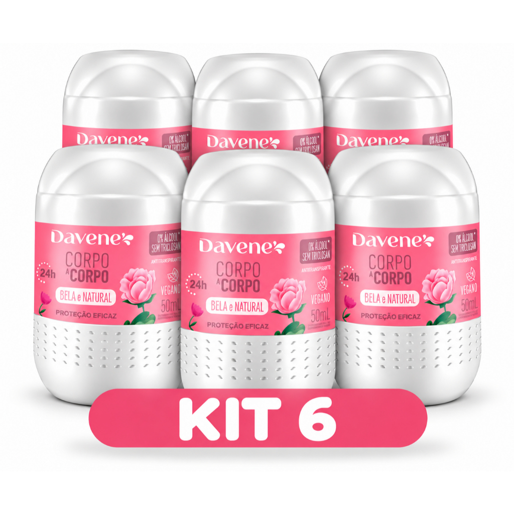 Kit 6 Desodorante Davene Corpo À Corpo Roll On Natural Nova Embalagem