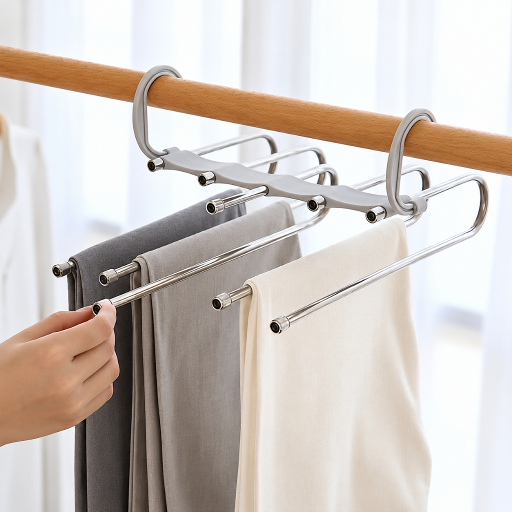 Cabide Multifuncional Vertical para Calças 5 em 1 Aço Inox com 5 Divisórias Retráteis para Guarda-Roupa