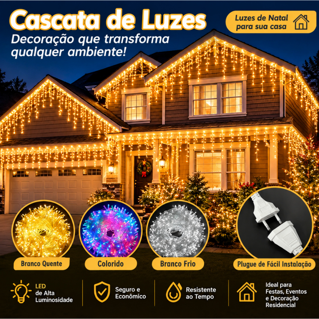 Cascata Natal Com 400leds 10M/20M 110v/220V Tomada com Controles Luz Fixo