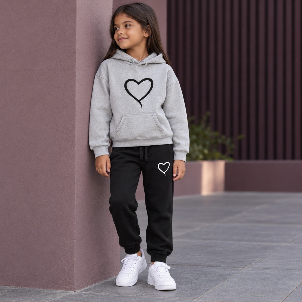 Conjunto Moletom Infantil Coração Contorno Blusa e Calça Flanelado Menina Menino Kids Agasalho de Inverno Envio Imediato