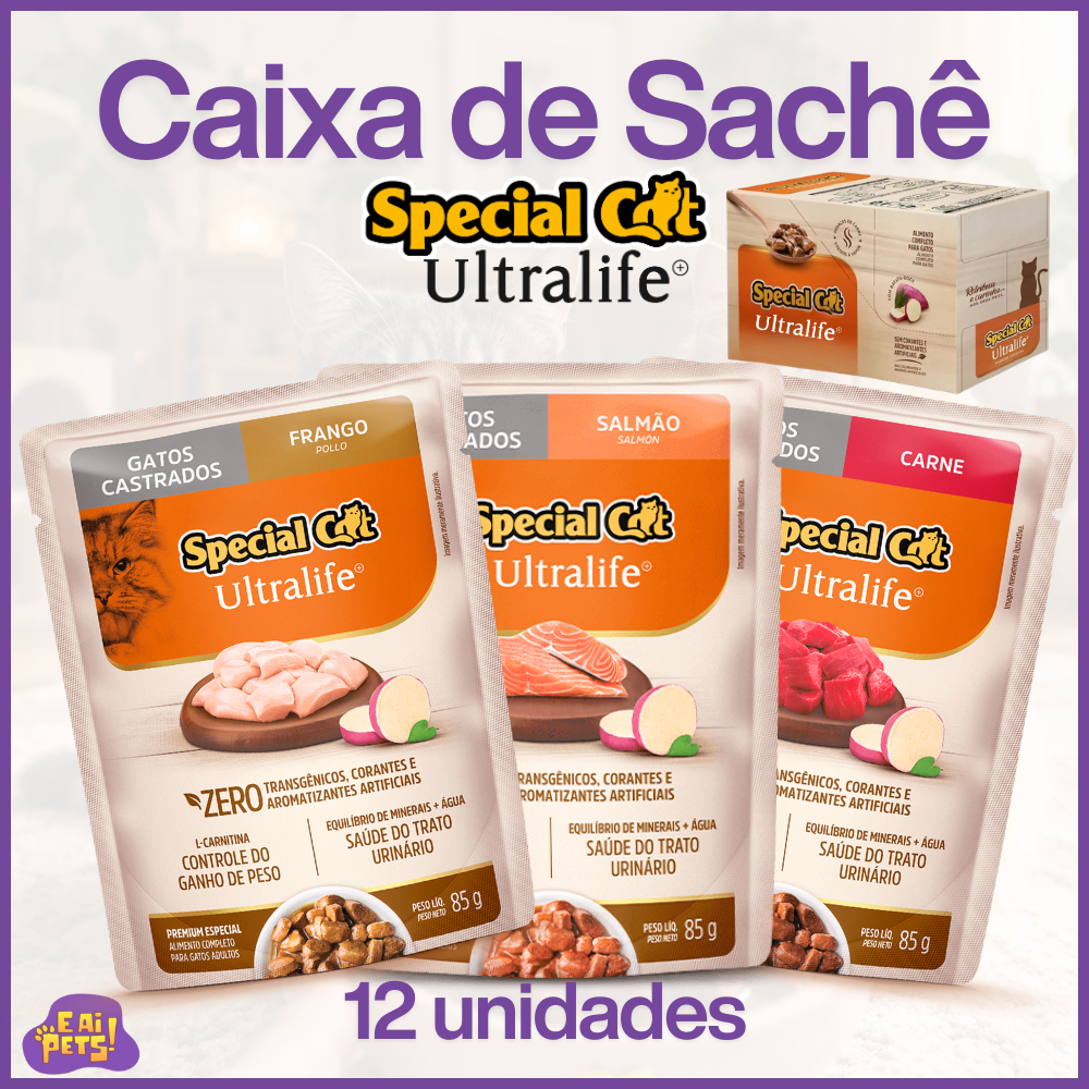 2 Caixas Sache Special Cat Ultralife Ração úmida para Gatos Castrados 24Unidades