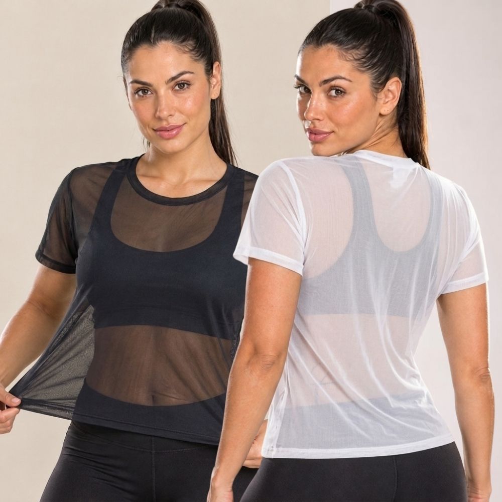 KIT 2 Blusas Feminina fitnes Tule Transparente Blusa Academia Confortável Fresquinha Manga Curta