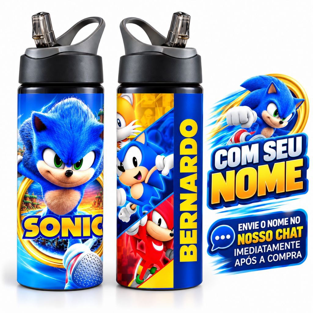 Garrafa do Sonic em Alumínio 600ml Personalizada com Nome Squeeze