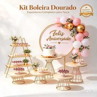 Kit Decoração Luxo Arco De Mesa Dourado + Boleira e Doceiras +Escadinha com 5 peças Decoração Festas Eventos