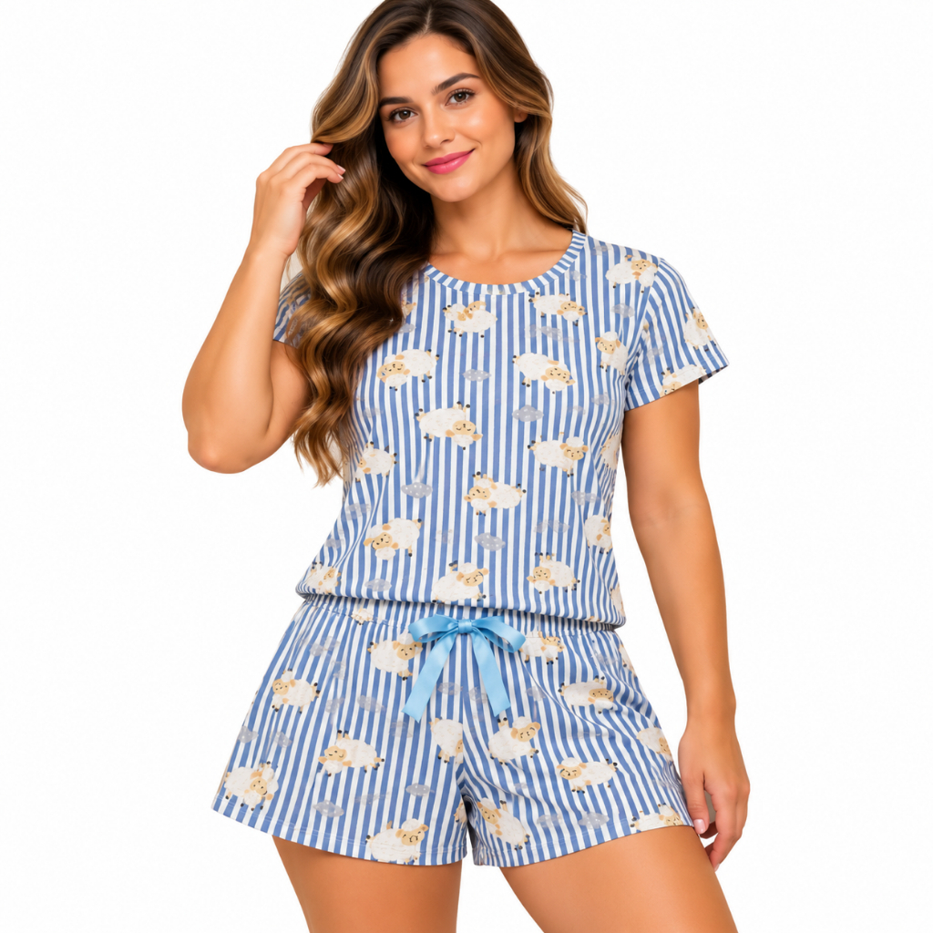 Pijama Feminino Sued Premium Estampado Conjunto Short e Blusa P/ Noite Dormir Confortável Verão Inverno Tamanhos P ao GG