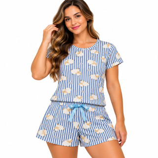 Pijama Feminino Sued Premium Estampado Conjunto Short e Blusa P/ Noite Dormir Confortável…