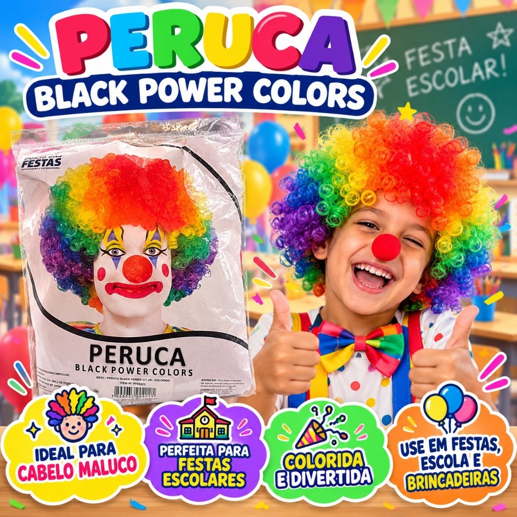 Peruca black power colorida arco-íris para festa