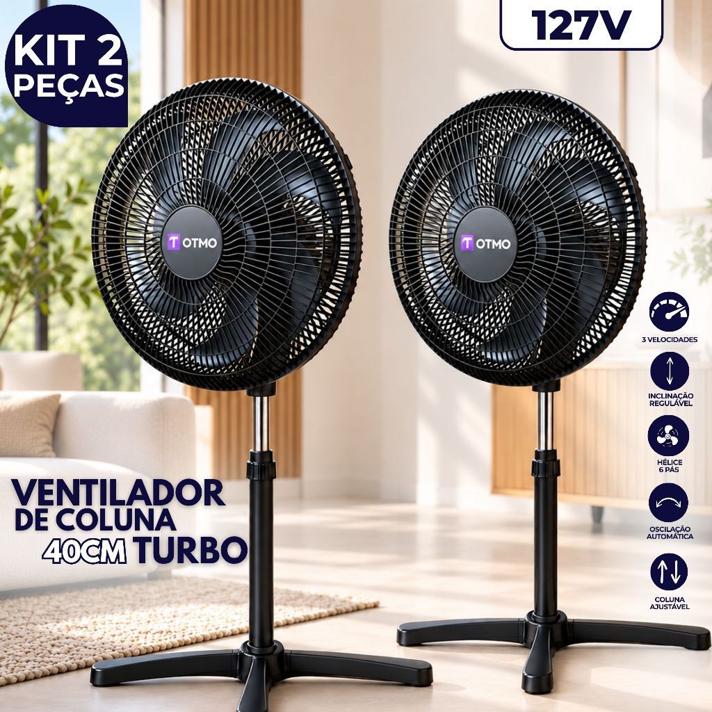 Kit 2 Ventiladores Coluna 127V Turbo 40cm 6 Pás 3 Velocidades Portátil Inclinável 126W OTMO