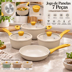 Jogo de Panelas 7 Peças Cerâmica Antiaderente Premium Conjunto Fogão Cooktop Indução Gás Elétrico