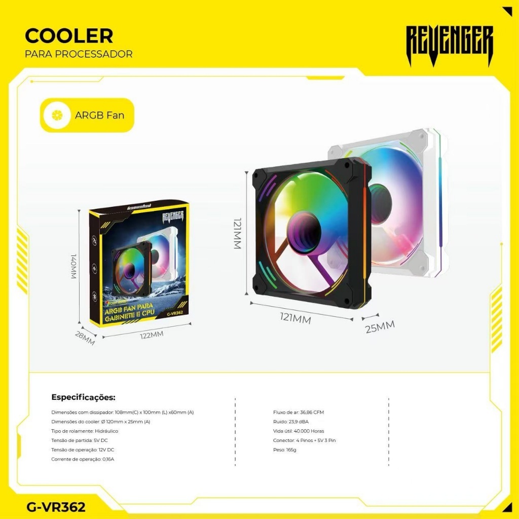 Cooler CPU Revenger G-VR362 ARGB 120mm 36,86 CFM 4 Pinos Preto ou Branco Hidráulico Silencioso — imagem 2 de 2