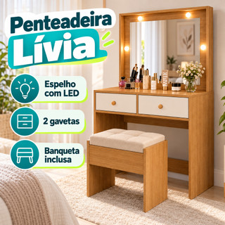 Penteadeira Camarim Compacta Lívia Espelho LED Fixa 2 Gavetas Banqueta Almofadada Estrutura 100% MDF
