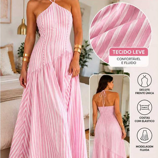 Vestido longo listrado frente Unica Assemetrica com Elastex nas Costas babado