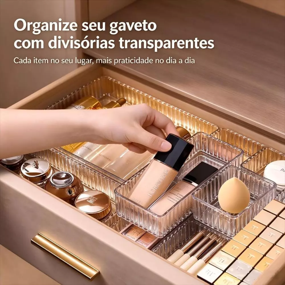Caixa Organizadora Transparente Listrada Empilhável Multiuso para Maquiagem, Geladeira e Armário Plástico Resistente