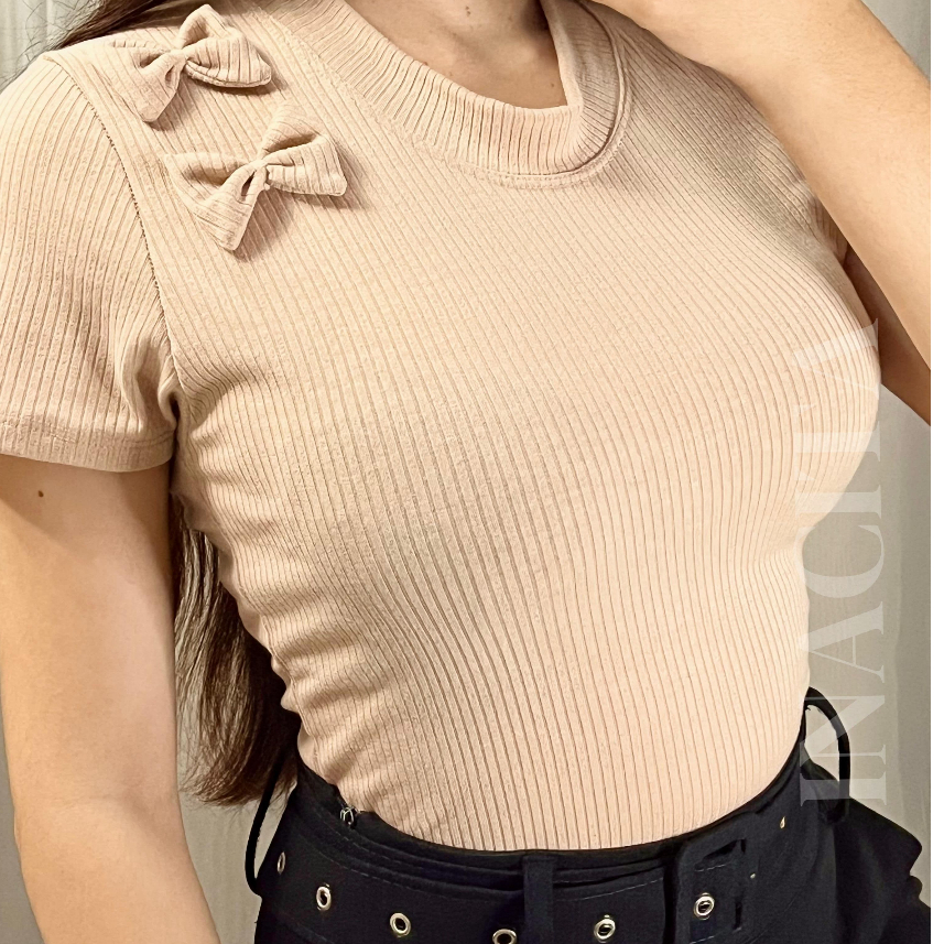 Blusinha Feminina Canelada Ribana Com Laço Manga Curta Moda Blogueira