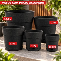 Kit 5 Vasos de Planta Com Prato E Drenagem Decoração Para Casa Proteção Antidengue Autoirrigável 13,5 L 7,8 L 3,8 L 1,7