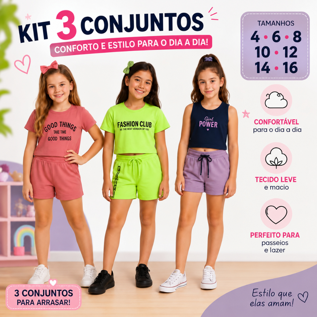 Kit 3 Conjuntos Blusa Shorts Verao Menina Juvenil Infantil Estampados Sortidos 100% Algodão Tamanhos 4 ao 16