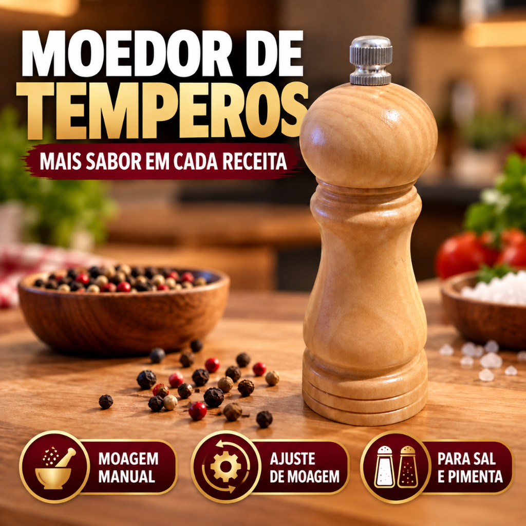 Moedor Manual de Pimenta e Sal em Madeira com Regulagem Triturador de Temperos em Grãos Especiarias Cozinha 13cm