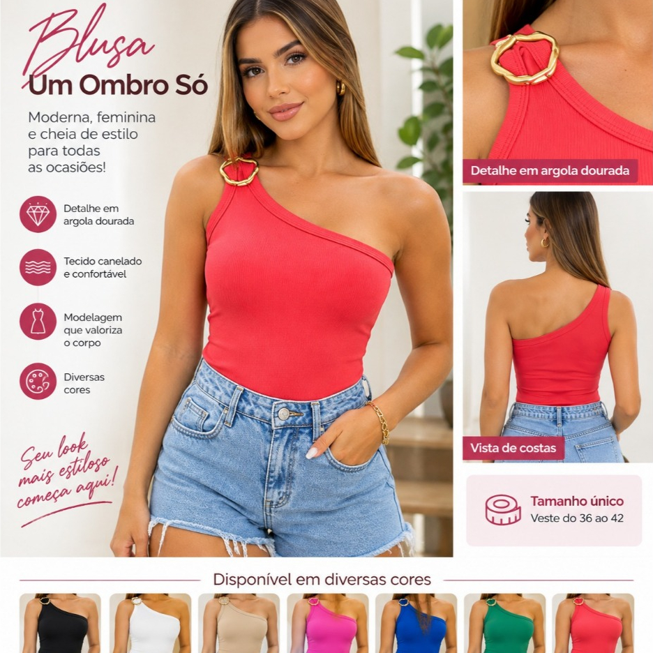 Blusinha Feminina Um Ombro Só Canelada com Fivela Dourada Elegante Casual Moda Feminina Tendência Verão