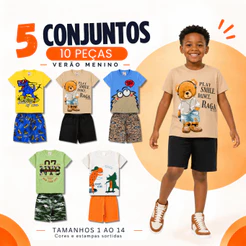 Kit 5 Conjuntos Infantis Masculinos de Verão com Camisetas e Bermudas para Meninos – Tam. 1 ao 14