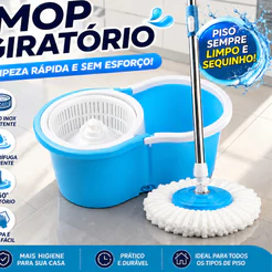 Mop giratório 360° 8 Litros desaguador automático Cabo aço Cesto com balde +1 refil brinde