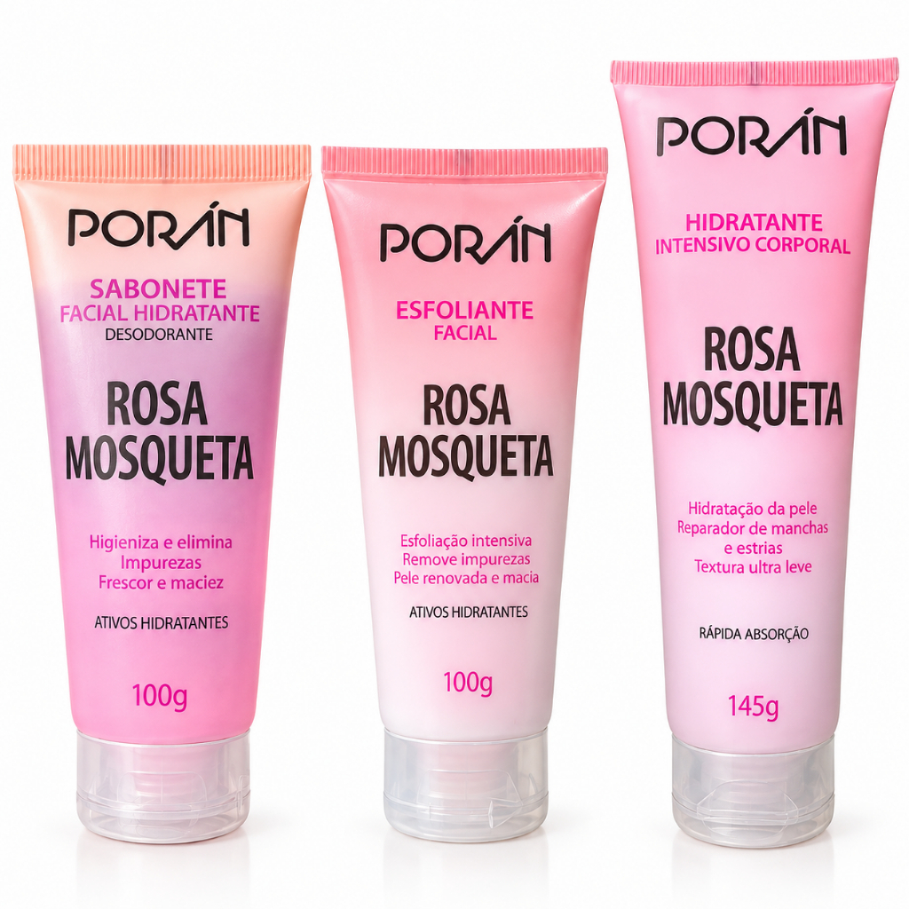 Kit Skincare - Sabonete e Esfoliante Facial + Hidratante - Porán Rosa Mosqueta + Esponja Rosto Clare