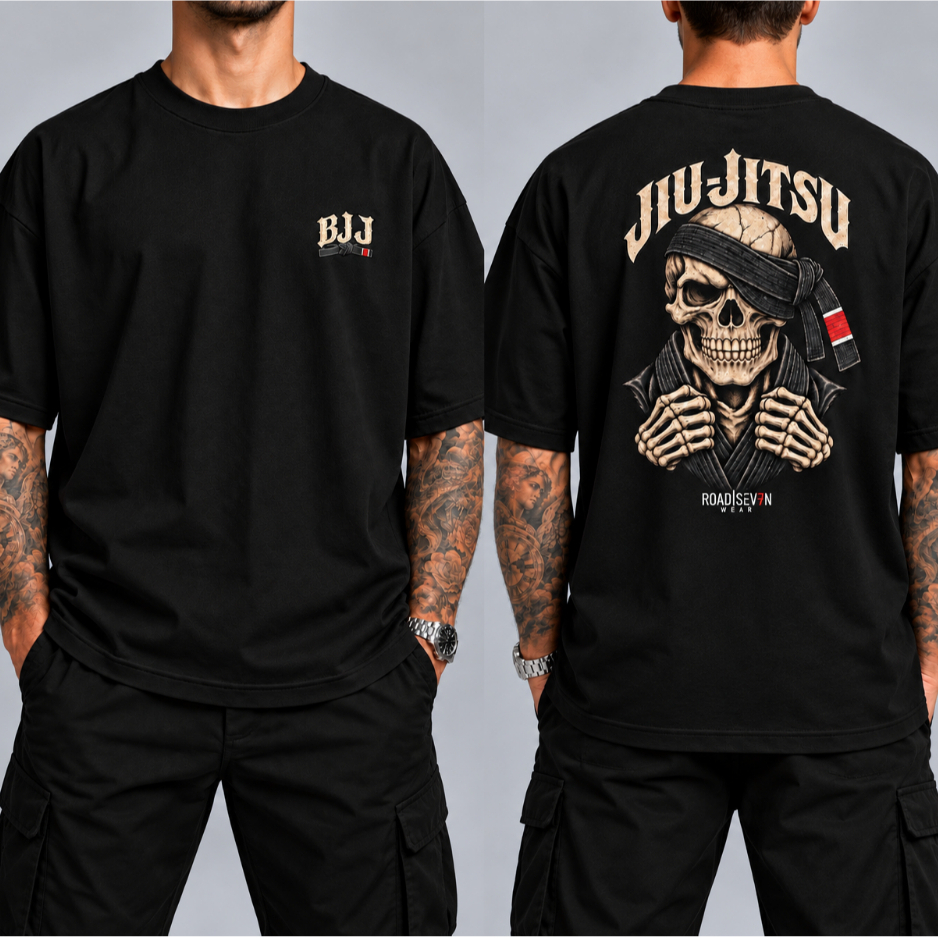 Camiseta Camisa Jiu Jitsu Caveira Masculina Oversized BJJ Streetwear Treino Casual Premium Algodão Respirável