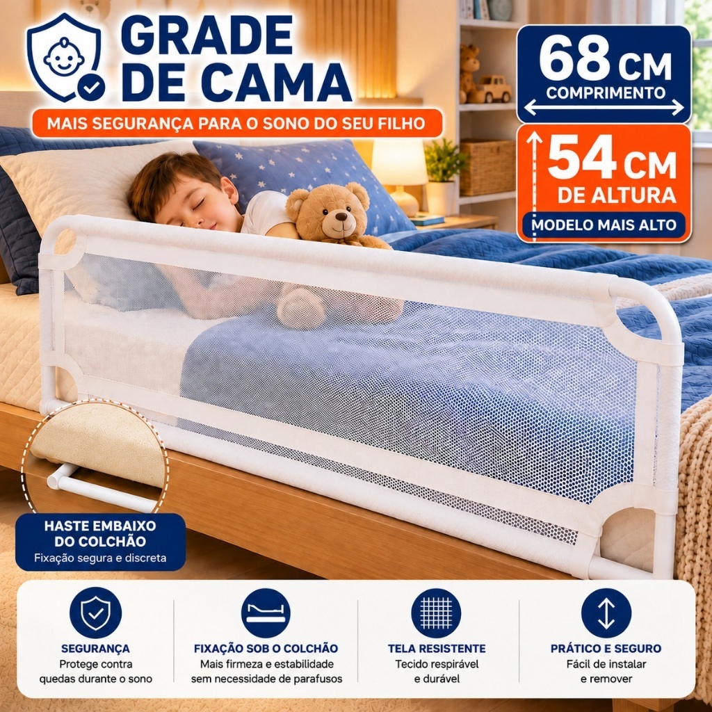 Grade de Cama Proteção 68x54cm Bebê Criança Idoso Cama Box e Normal
