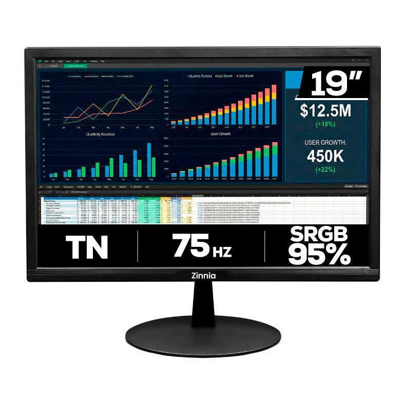 Monitor Zinnia Delfos DF19, 19 Pol, TN, sRGB 95, 75Hz, VGA/HDMI, ZNO-DFO19-BL01 — oferta na Shopee