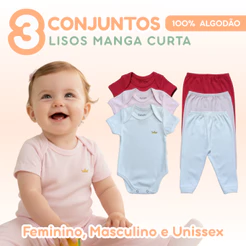 Kit 3 Conjuntos Bebê 3 Body Manga Curta + 3 Calças 100% Algodão Meia Estação Feminino Masculino Unissex Zuraffa Baby