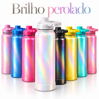 Garrafa Térmica Com Glitter Efeito Arco-íris Inox Brilhante com Base de Silicone - Ideal …