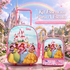 Kit Mochila de Rodinhas Princesas Pré Escolar Feminina Disney