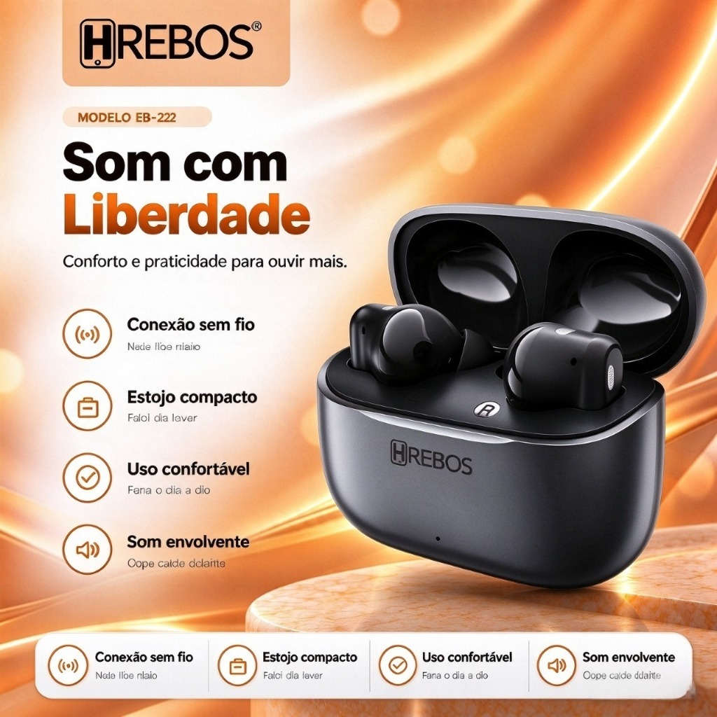 HREBOS EB-223 Fone Bluetooth TWS Sem Fio, 28h de Bateria, Som Estéreo, USB-C, para Android e iPhone, Certificado Anatel!
