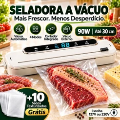Seladora a Vacuo Automática Para Alimentos 90W 4 Modos Cortador 30cm+10 Sacos 127V / 220V Seladora a Vácuo de Alimentos